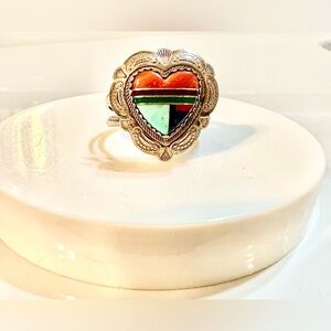 Vintage Genuine Silver Multicolor Stone Inlay- Turquoise/Coral Heart-Shaped Ring